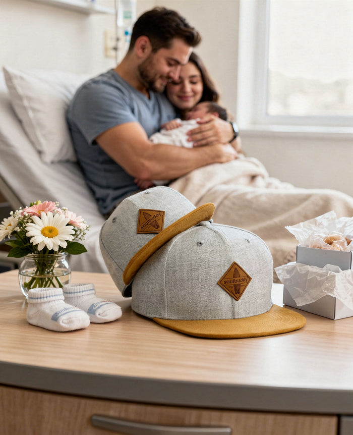 Frischgebackener Papa mit Baby, daneben Soulbuddy Caps für Papa und Kind – Geschenk für werdende Väter