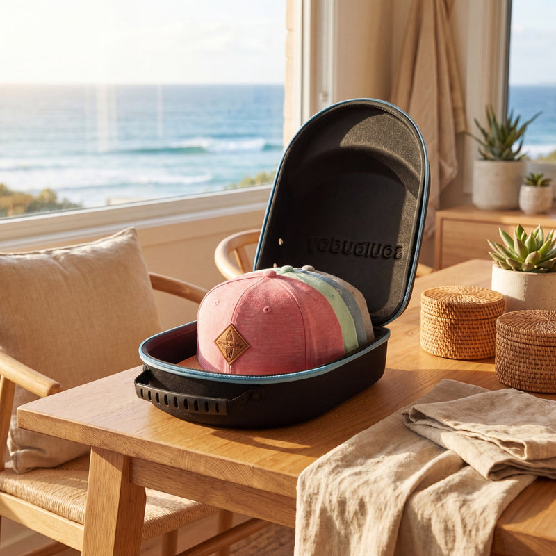 Soulbuddy Cap Travel Case mit Caps auf einem Holztisch – Caps auf Reisen