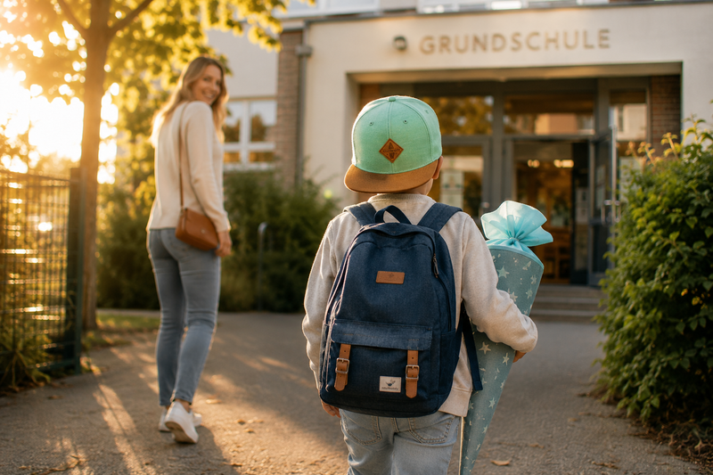 Junge mit Soulbuddy Kinder Snapback Cap, Rucksack und Schultüte auf dem Weg zur Grundschule – Geschenk zur Einschulung
