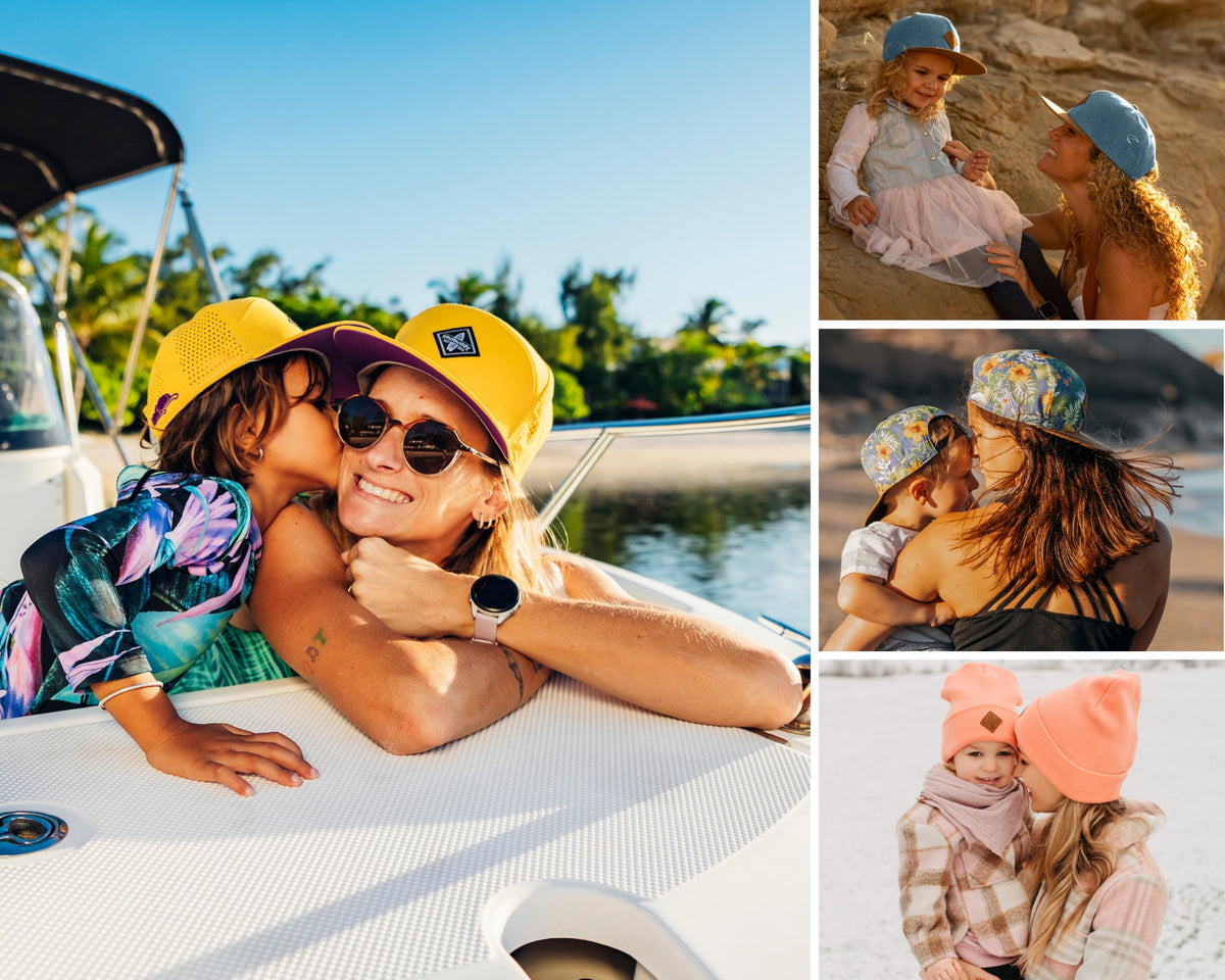 Cadeaux pour maman : mère et enfant avec des casquettes Soulbuddy assorties