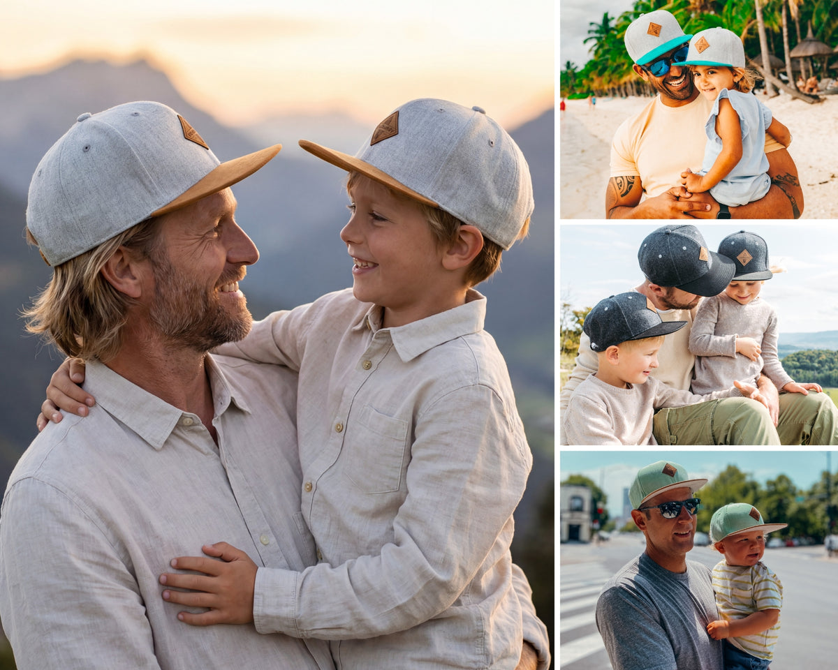 Cadeaux pour papa : père et enfant avec des casquettes Soulbuddy assorties