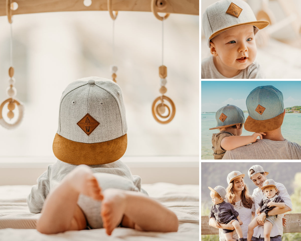 Cadeau de naissance : papa et bébé avec des casquettes Soulbuddy assorties