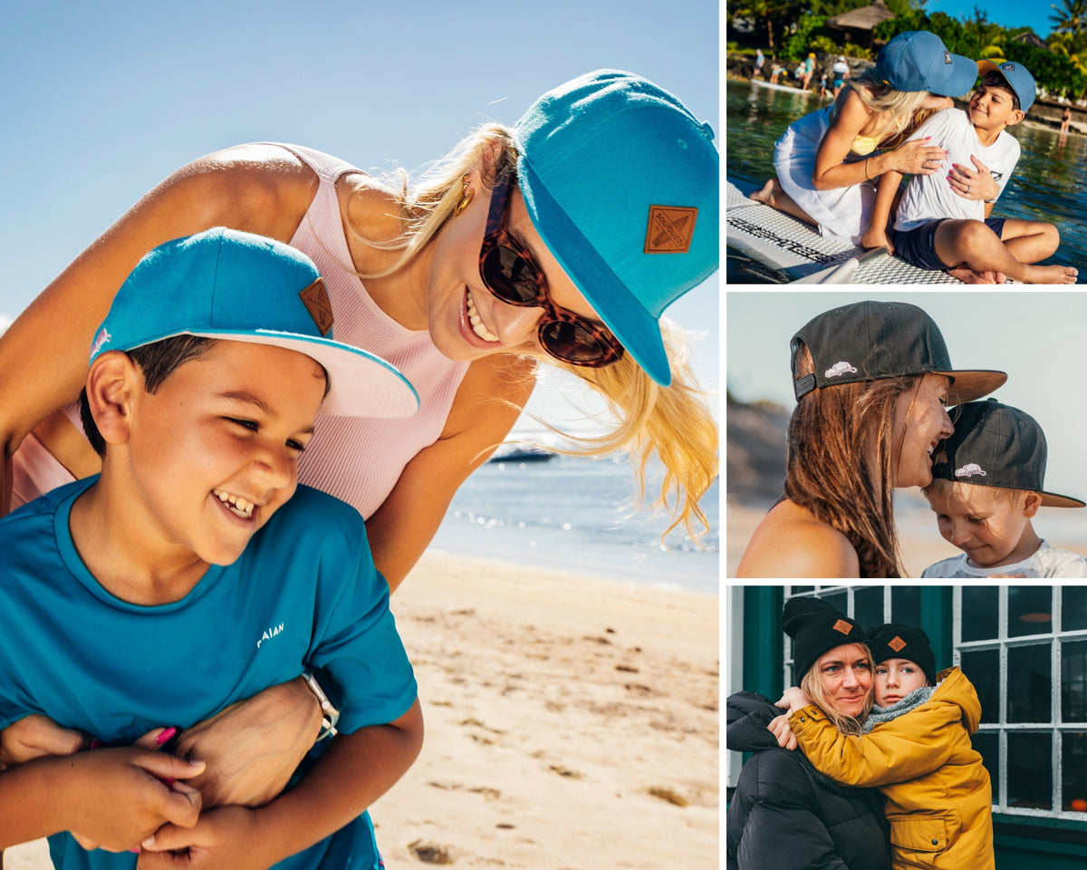 Parent et enfant avec des casquettes Soulbuddy assorties