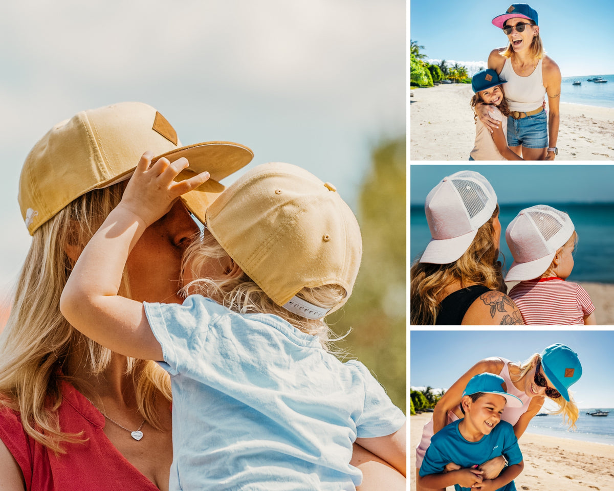 Cadeau fête des mères : maman et enfant avec des casquettes Soulbuddy assorties