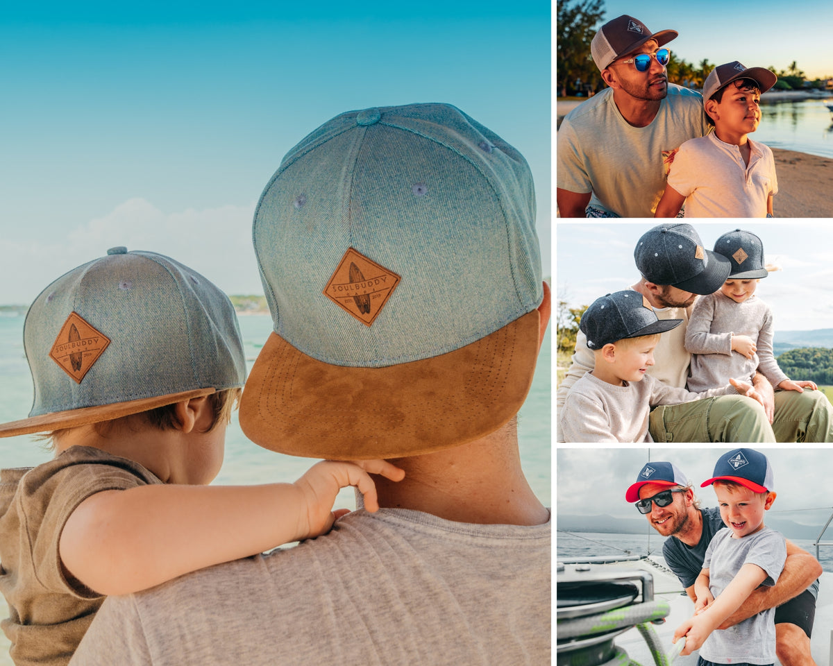 Parent et enfant avec des casquettes Soulbuddy assorties