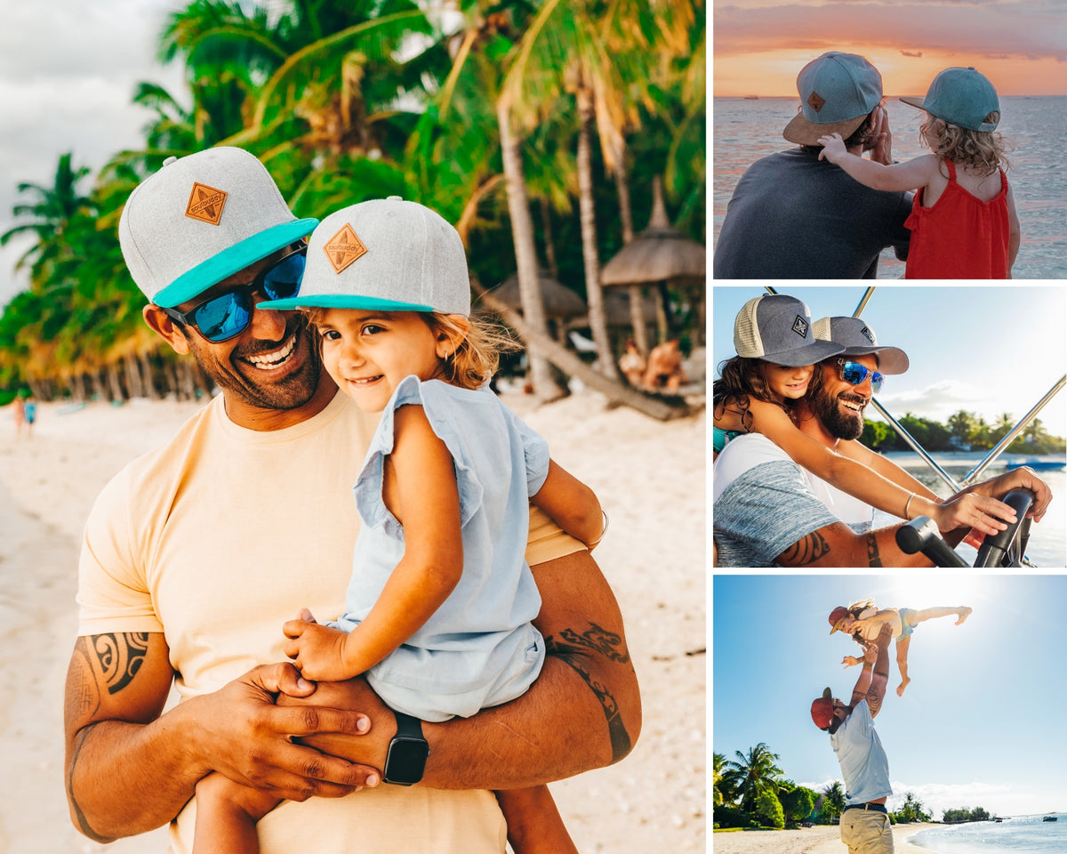 Parent et enfant avec des casquettes Soulbuddy assorties