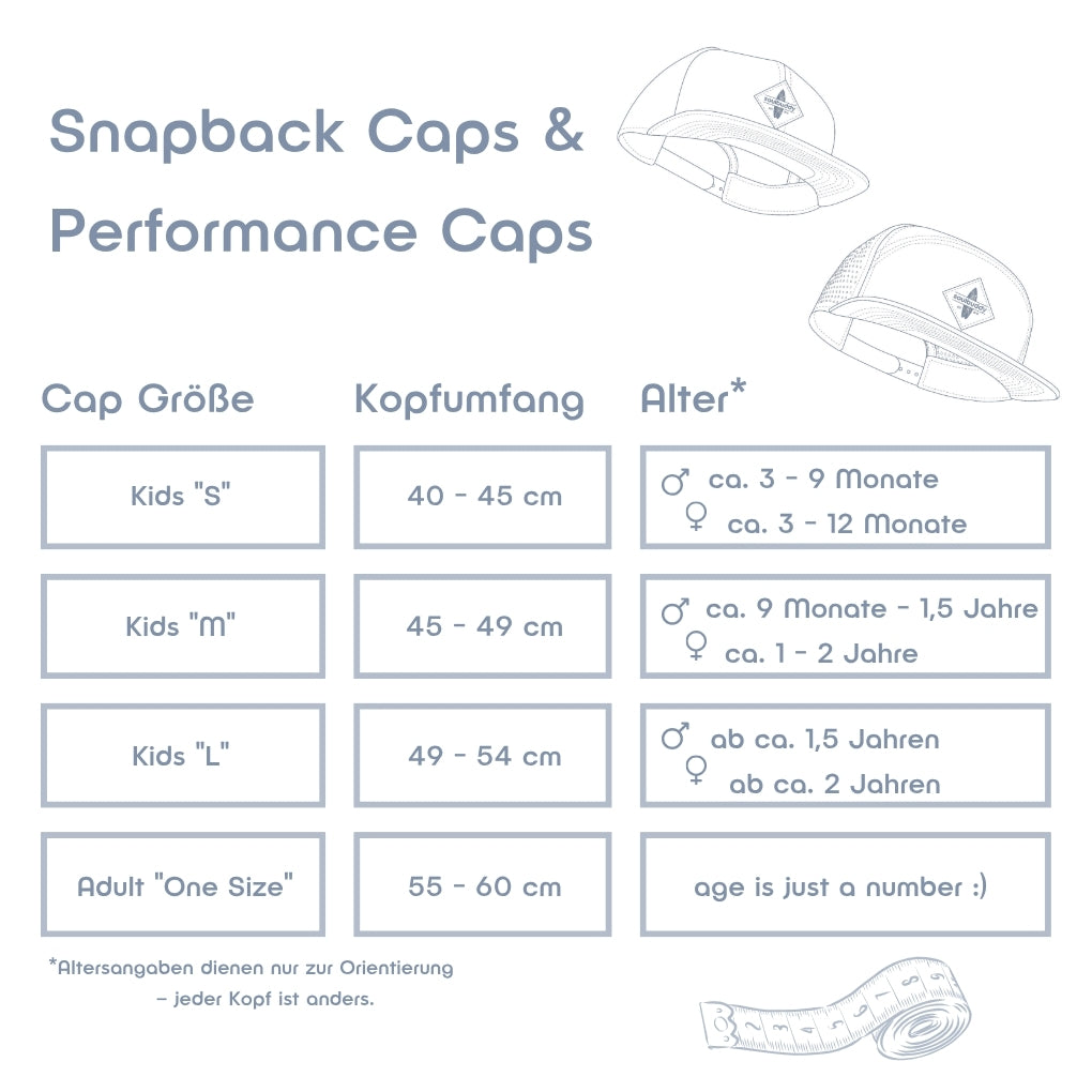 Größentabelle Snapback Caps und Performance Caps