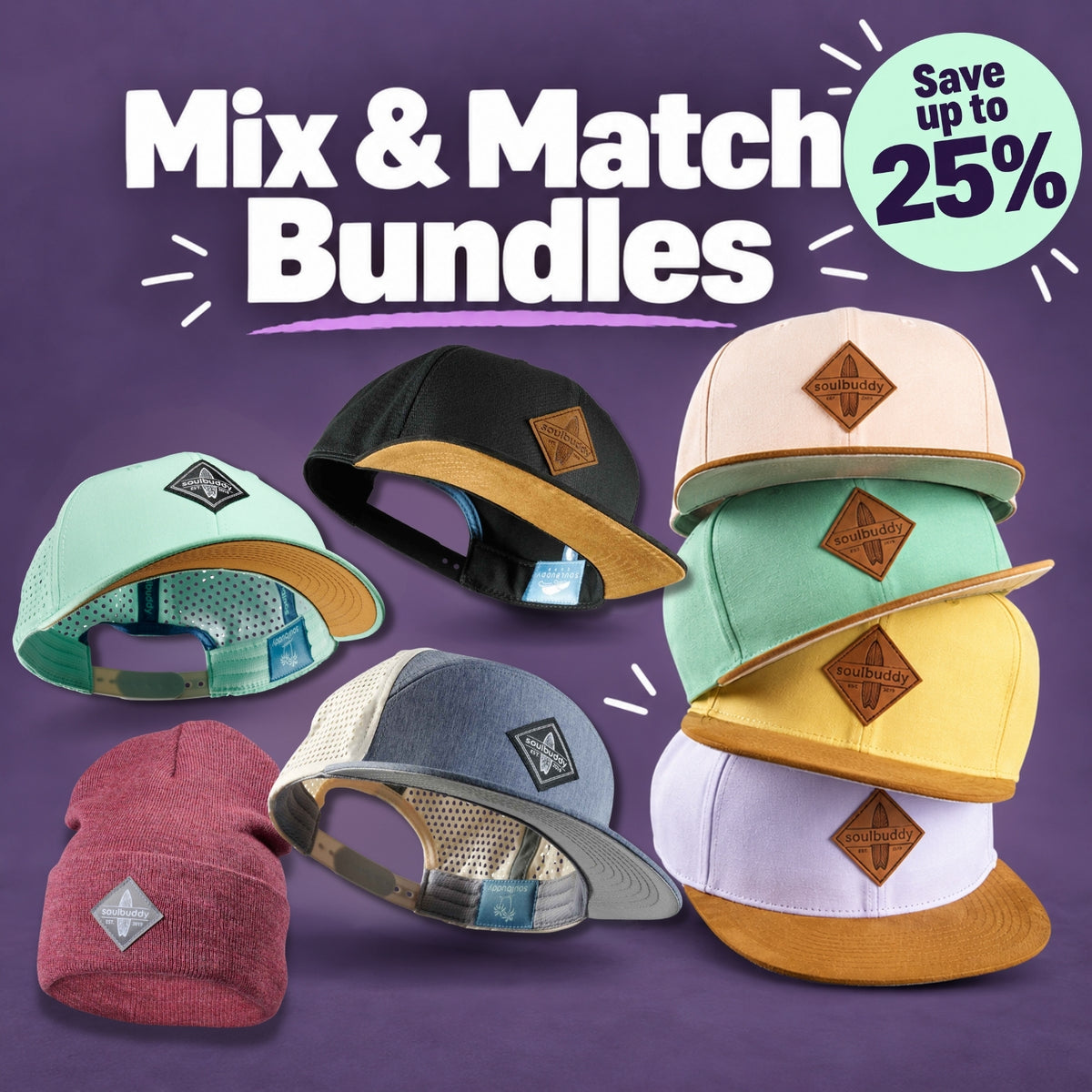 Mix & Match Bundles: combine Soulbuddy caps and beanies freely, up to 25% off