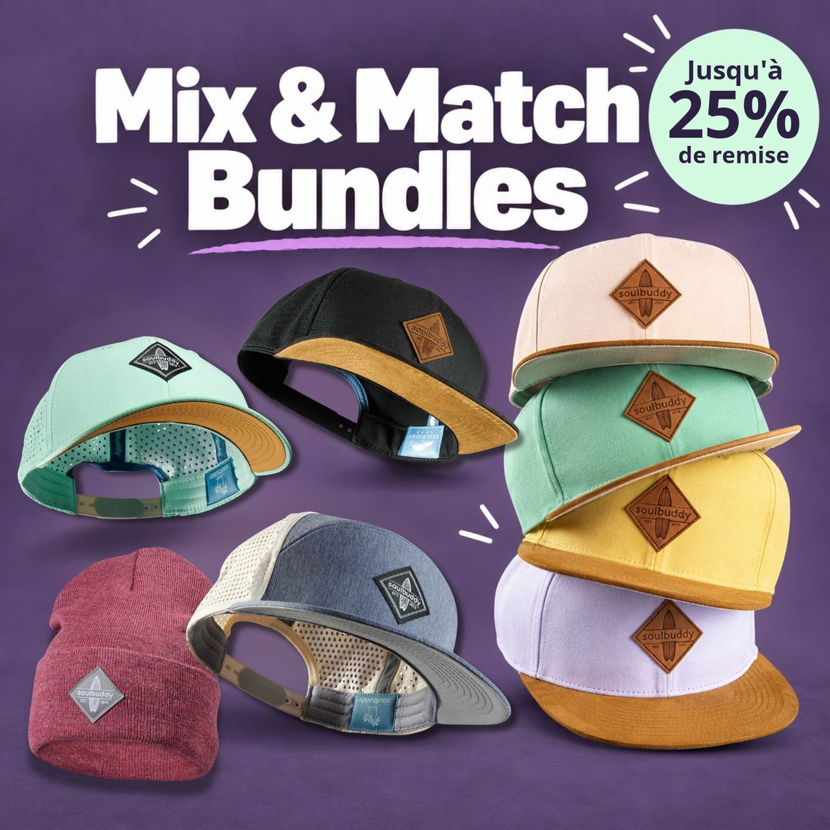 Mix & Match : composez librement vos casquettes et bonnets Soulbuddy, jusqu'à 25 % de remise