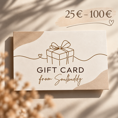 Cartes cadeaux Soulbuddy – aperçu des montants 25, 50, 75 et 100 €