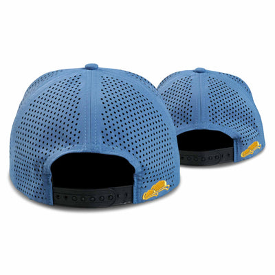 Soulbuddy Partnerlook Performance Caps 2er-Set für Eltern und Kind in Blue Yellow – Rückansicht mit Stick