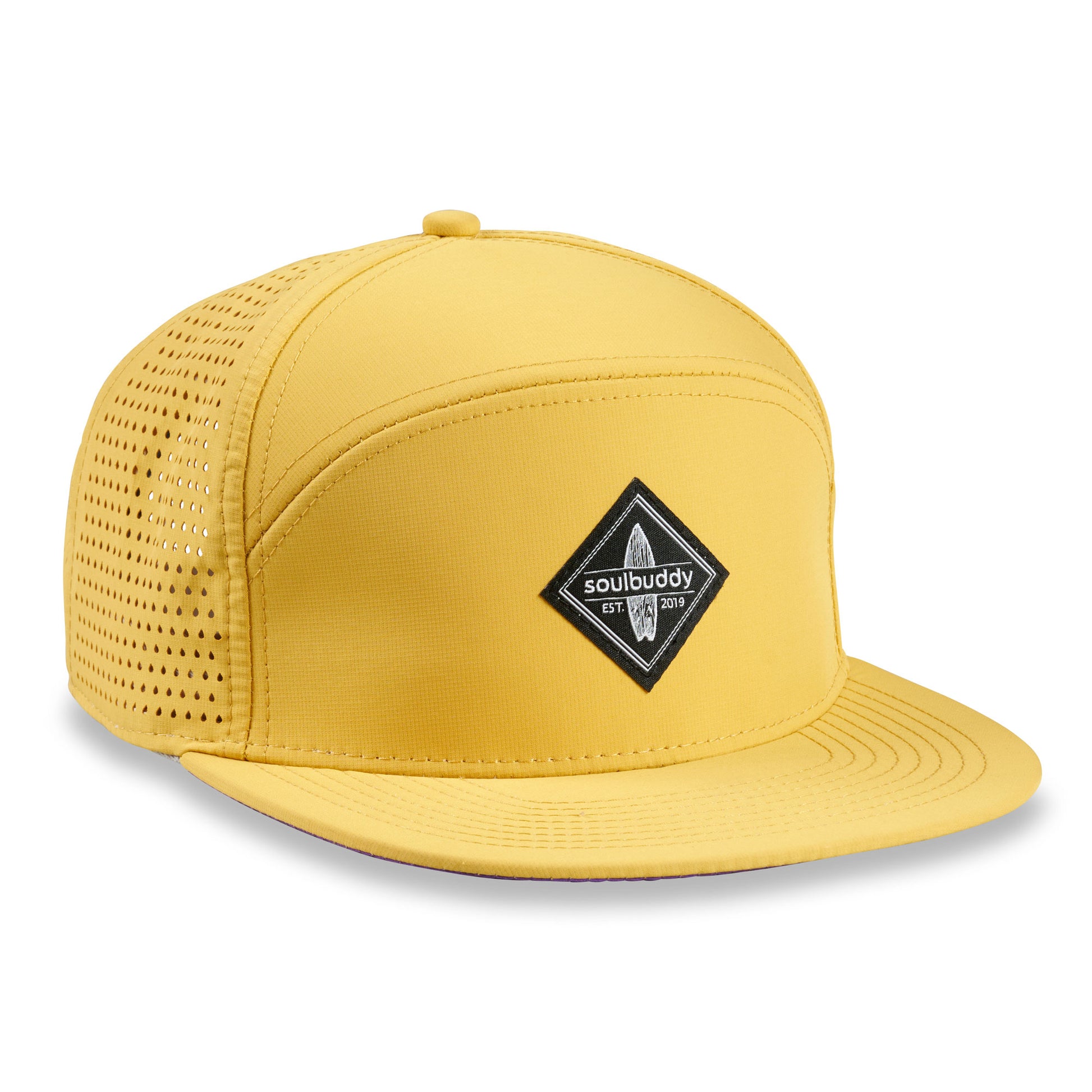 Gelbe Performance Snapback Cap mit Mesh-Einsätzen und lila Schirm im modernen Soulbuddy Design