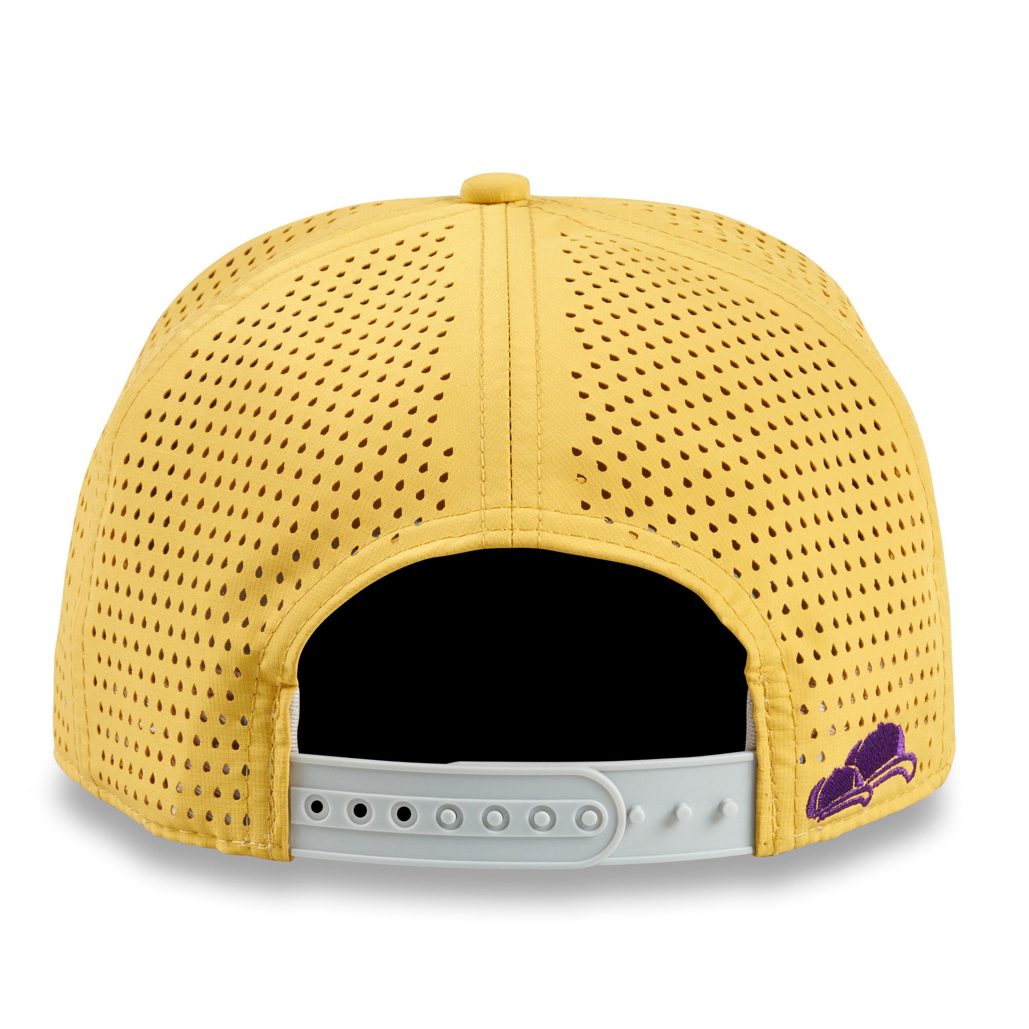 Gelbe Performance Snapback Cap mit Mesh-Einsätzen und lila Schirm im modernen Soulbuddy Design Hinten