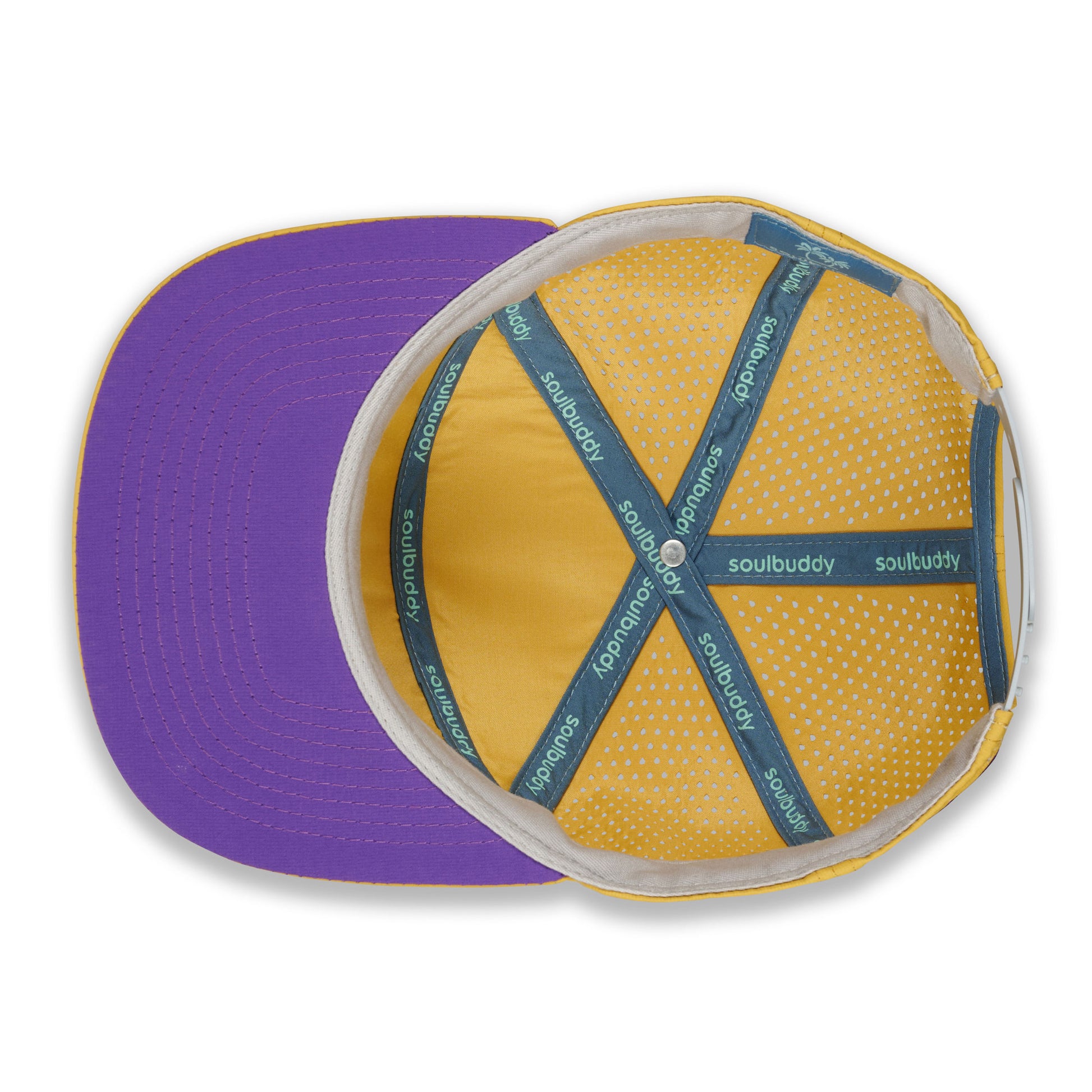 Gelbe Performance Snapback Cap mit Mesh-Einsätzen und lila Schirm im modernen Soulbuddy Design Unten