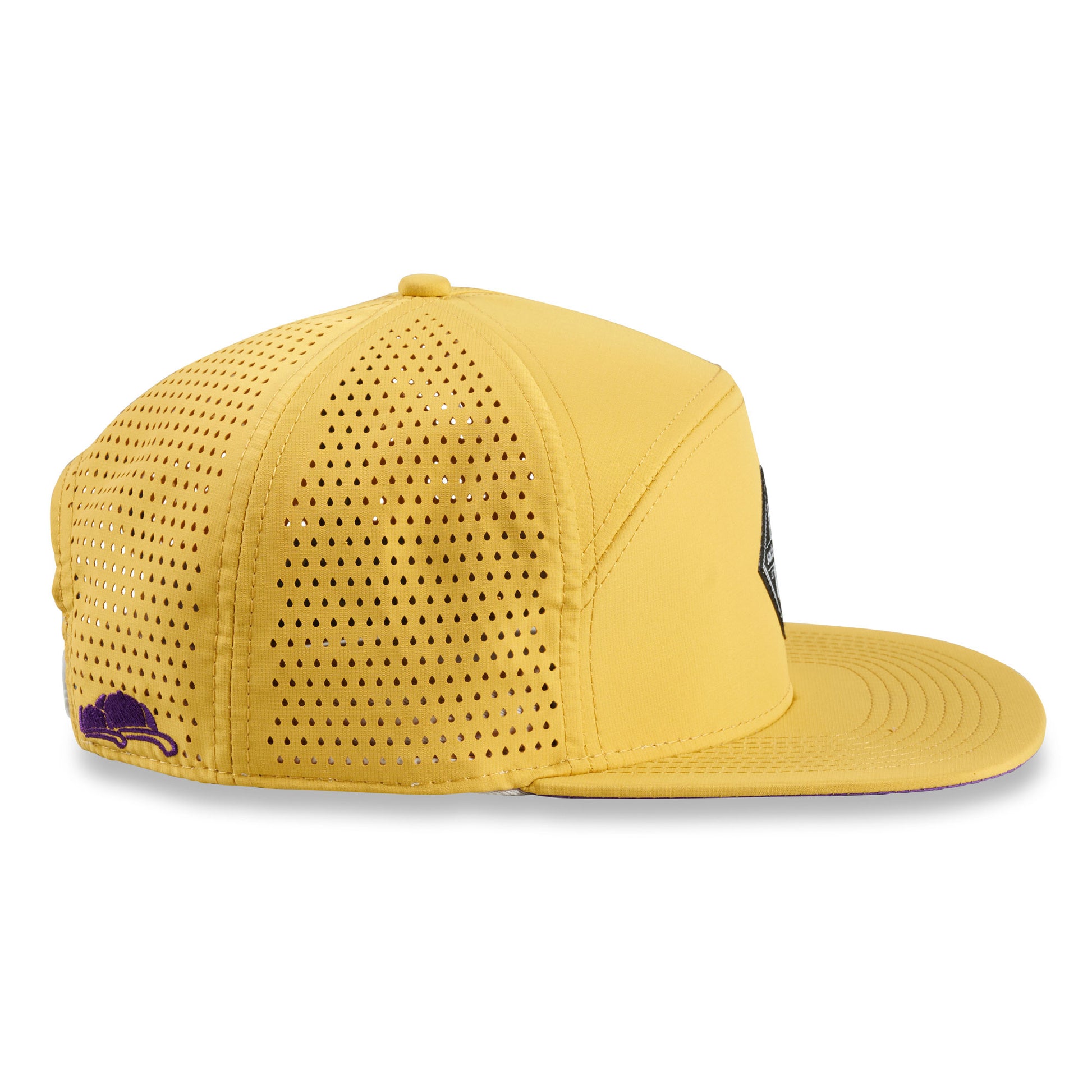 Gelbe Performance Snapback Cap mit Mesh-Einsätzen und lila Schirm im modernen Soulbuddy Design Seite