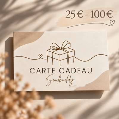 Cartes cadeaux Soulbuddy – aperçu des montants 25, 50, 75 et 100 €