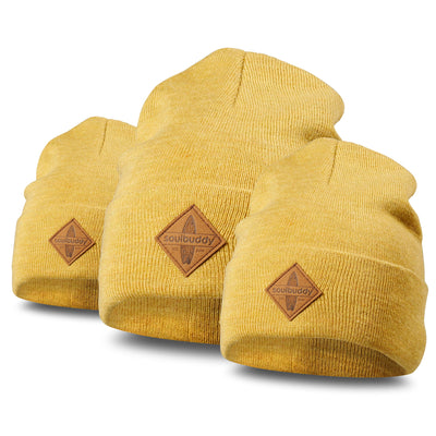 Soulbuddy Familien Partnerlook Beanies 3er-Set in Senfgelb – Erwachsenen- und zwei Kinder-Beanies im Set