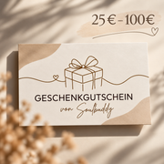 Cartes cadeaux Soulbuddy – aperçu des montants 25, 50, 75 et 100 €